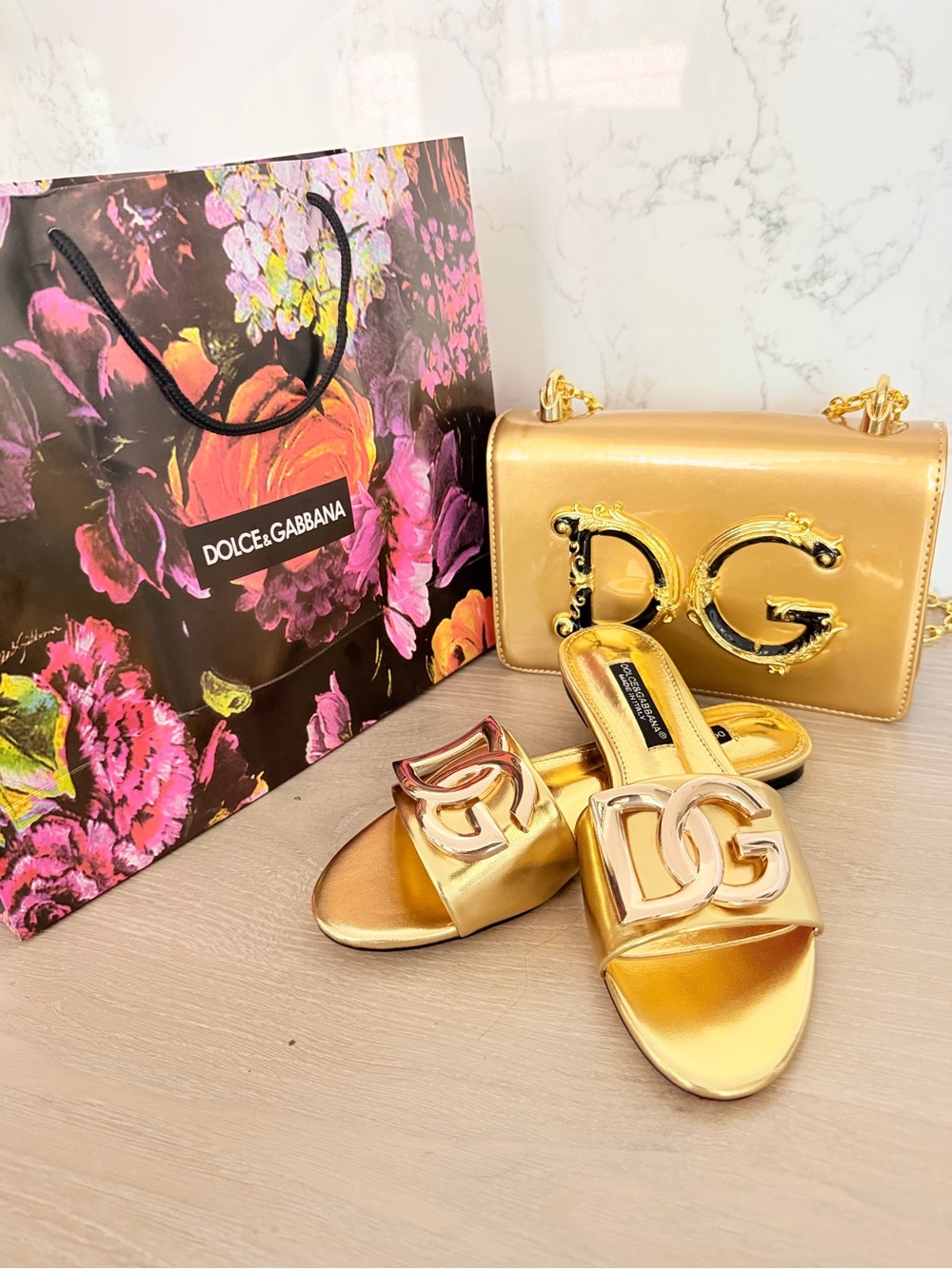 Metallic Gold Patent DG-Emblem Shoulder Bag with Matching Slides size 6 - Picture 12 of 16